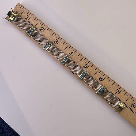 Bracelet Sterling Silver & Gold Mesh Blue Topaz Accents 925 Italy Bracelet - Picture 10 of 13